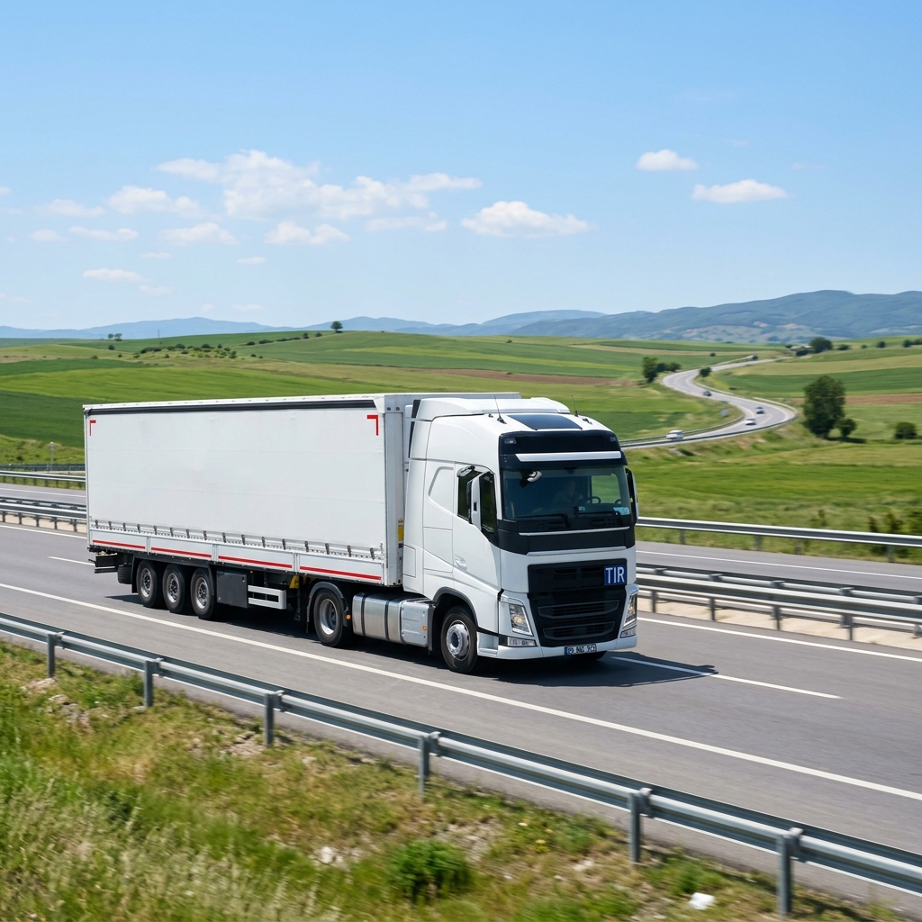 Komple yük taşımacılığı FTL – modern tır otoyolda güneşli havada seyahat ediyor