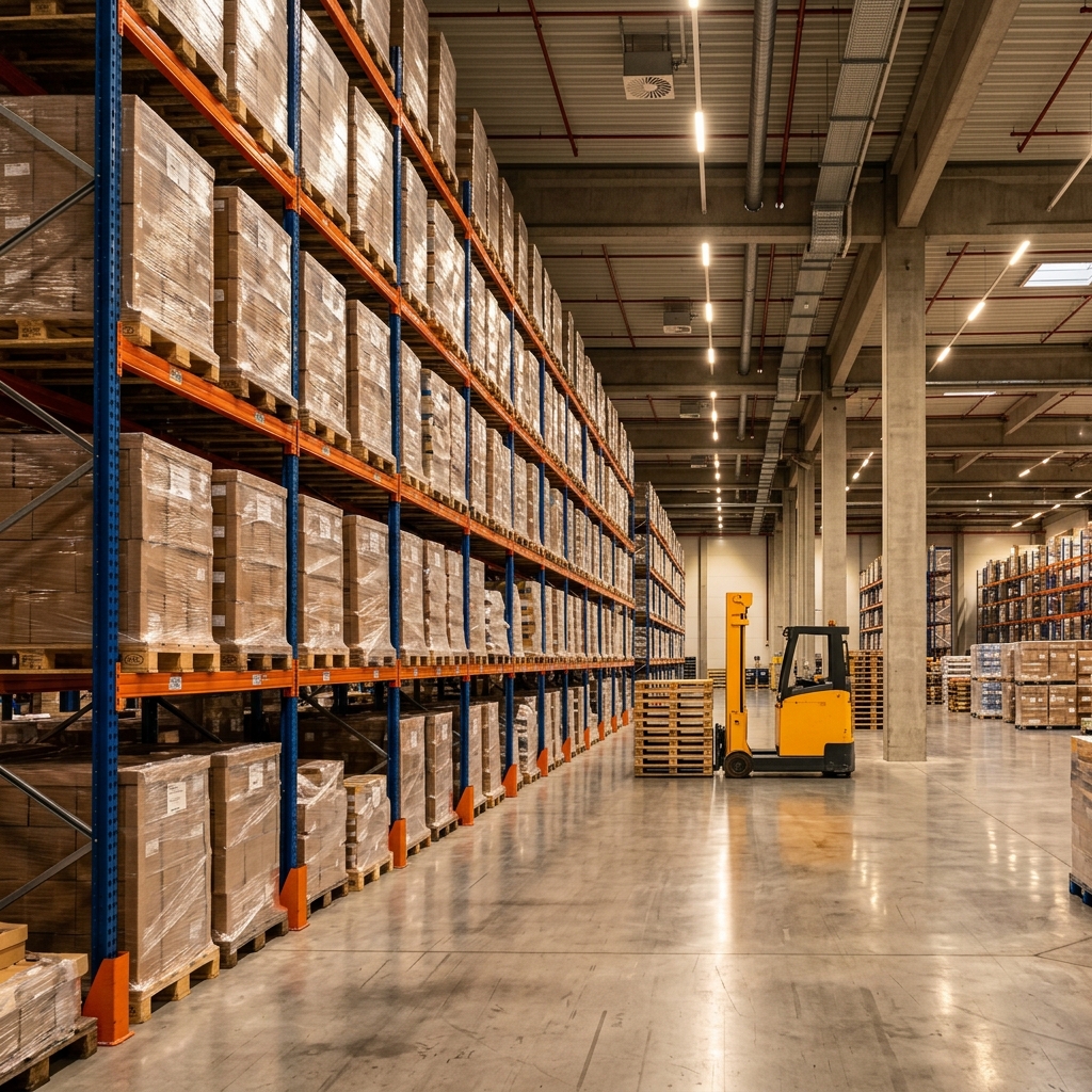 Paletli yük taşımacılığı – euro paletler modern depoda raflarda istiflenmiş, forklift yakında bekliyor